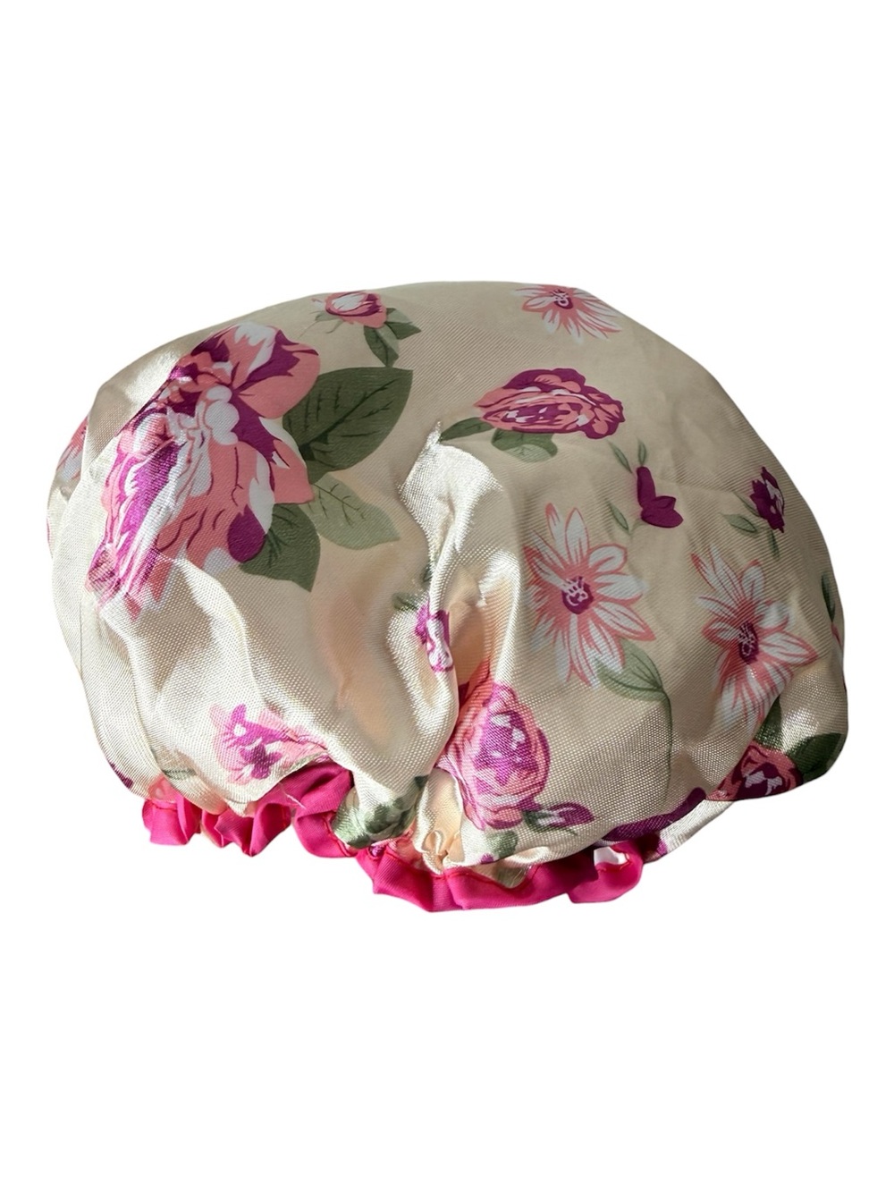 Vintage Floral Plastic Shower Cap Satin Exterior Pink Retro 60’s 70’s Pin Up